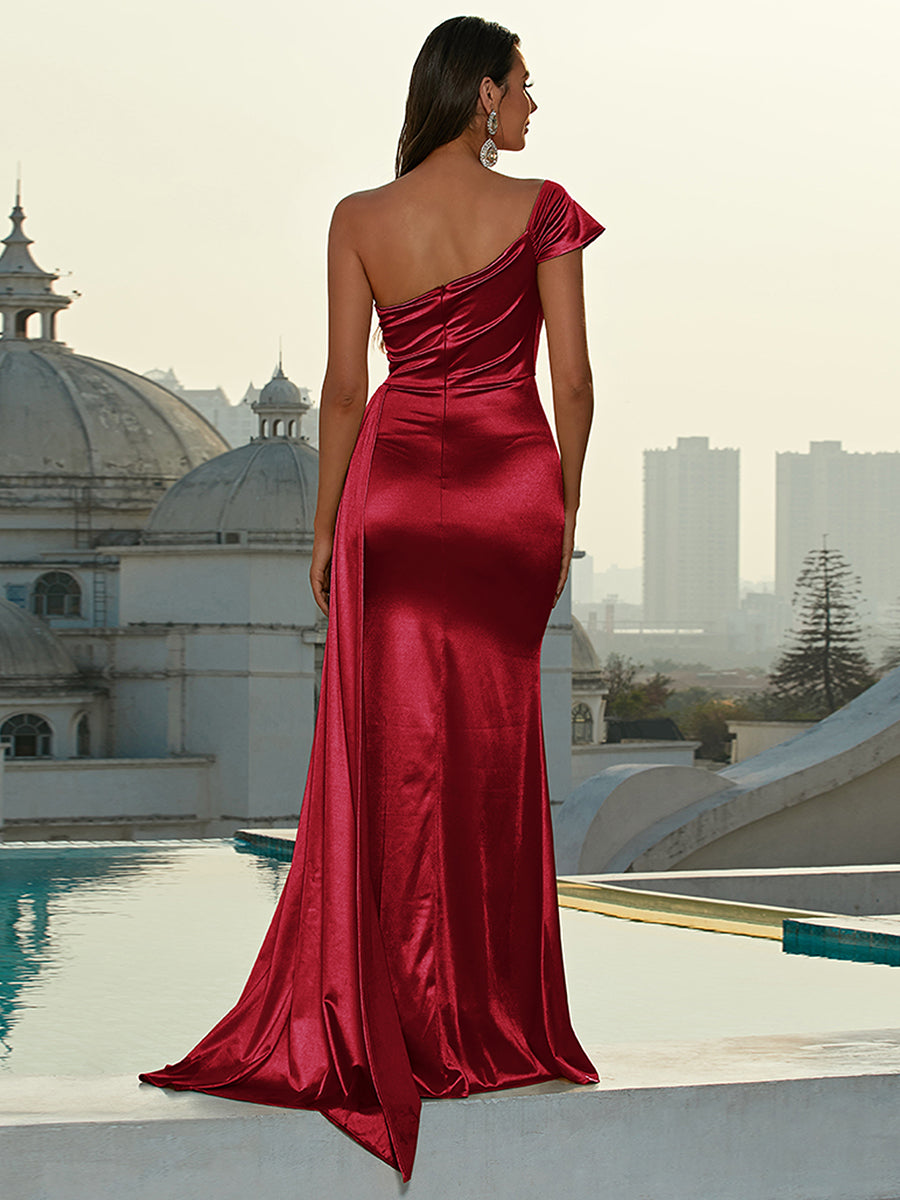 Ruched One Shoulder Draped Satin Dress