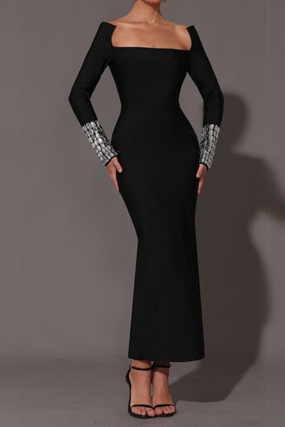 square neck diamond tight bandage maxi dress in black