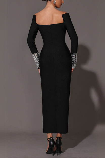 square neck diamond tight bandage maxi dress in black