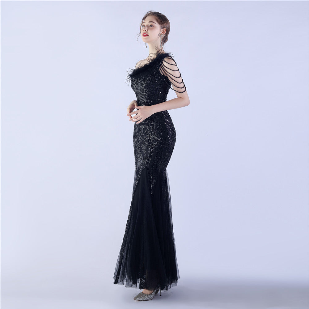Beaded and Ostrich Fur Sequined Formal Dress
