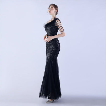 Beaded and Ostrich Fur Sequined Formal Dress