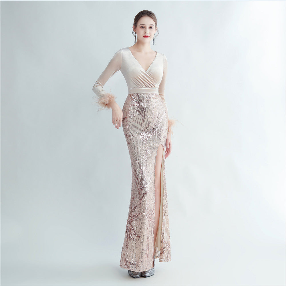 Ostrich Beaded Velvet Side Split Formal Dress