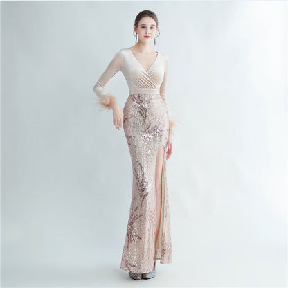 Ostrich Beaded Velvet Side Split Formal Dress