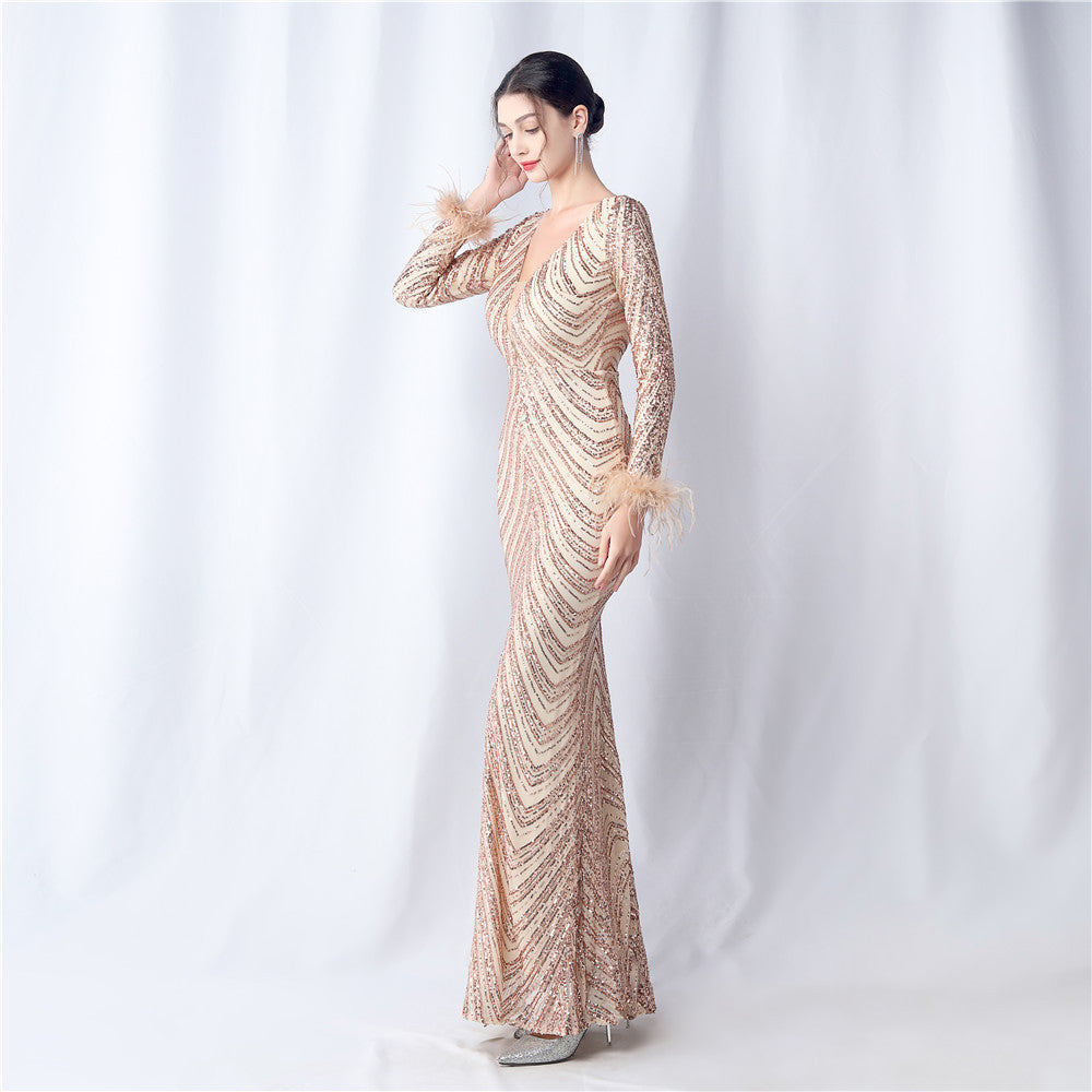 Ostrich Fur Long Sleeve Formal Dress