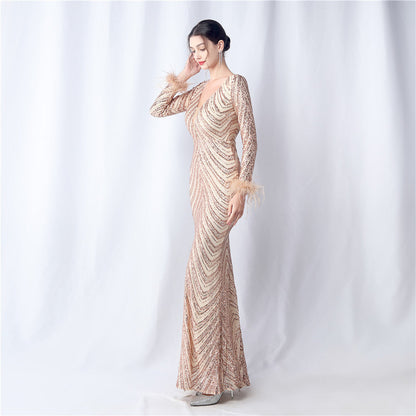 Ostrich Fur Long Sleeve Formal Dress