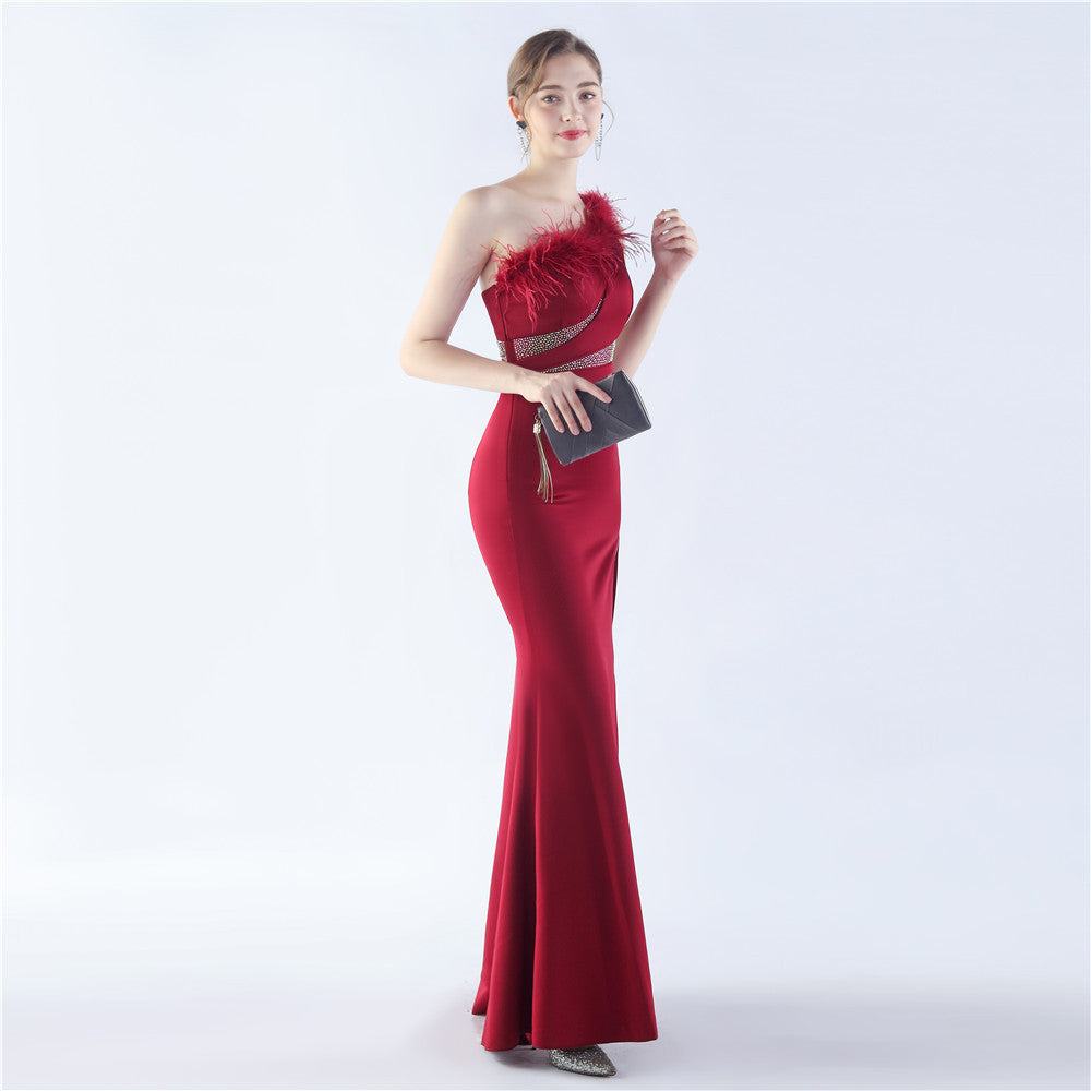Fur Rhinestone Formal Dress