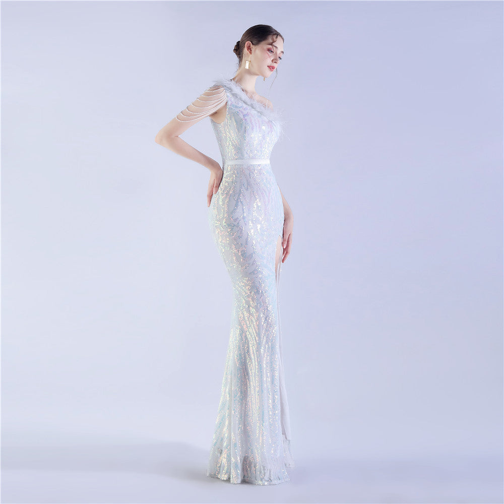 Fur Slant Neck One Shoulder Formal Dress