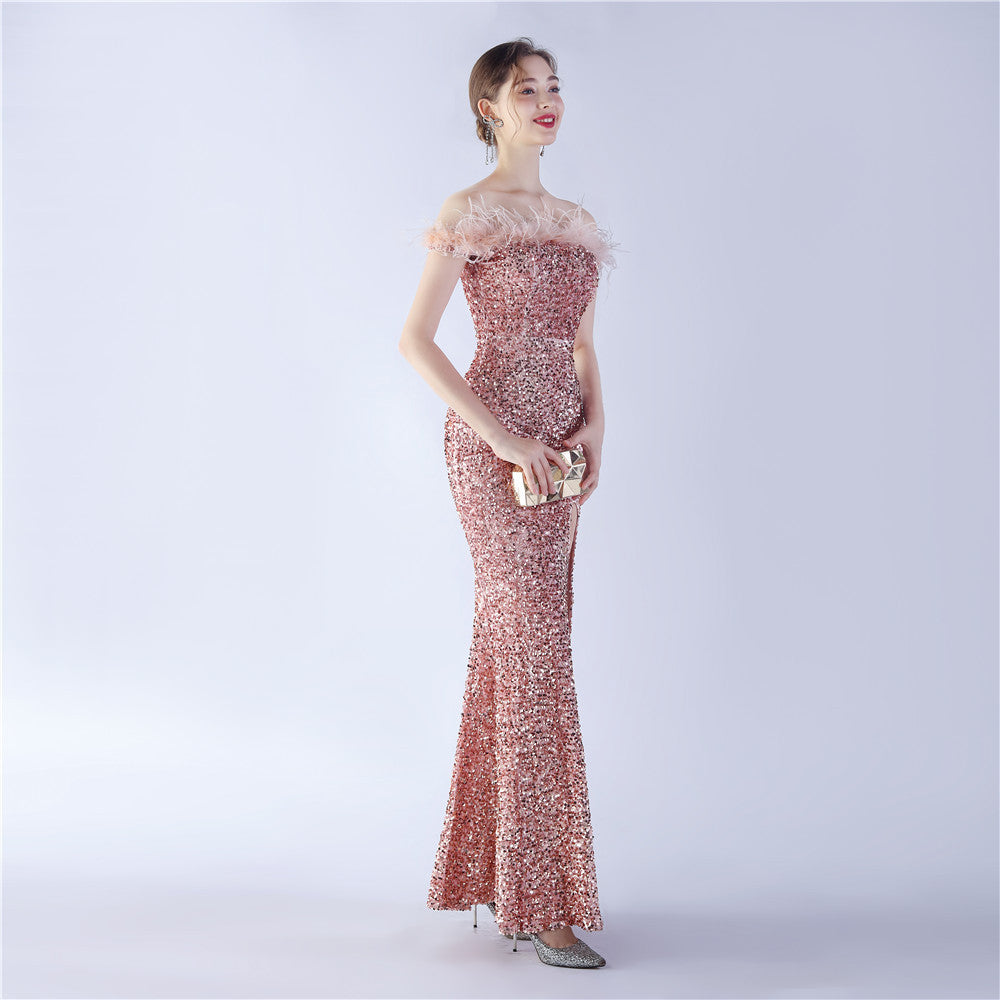 Fur One Shoulder Formal Dress