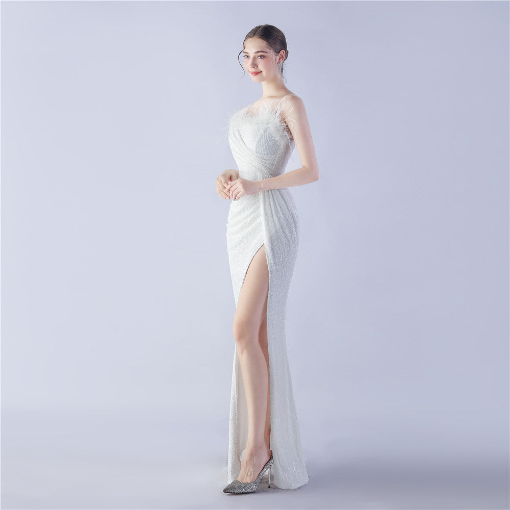 Ostrich Beaded Side Split Formal Dress
