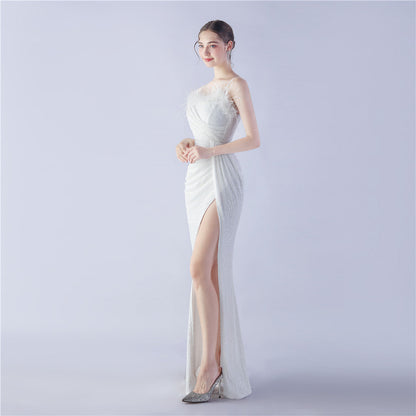 Ostrich Beaded Side Split Formal Dress
