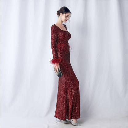 Ostrich Fur Long Sleeve Formal Dress
