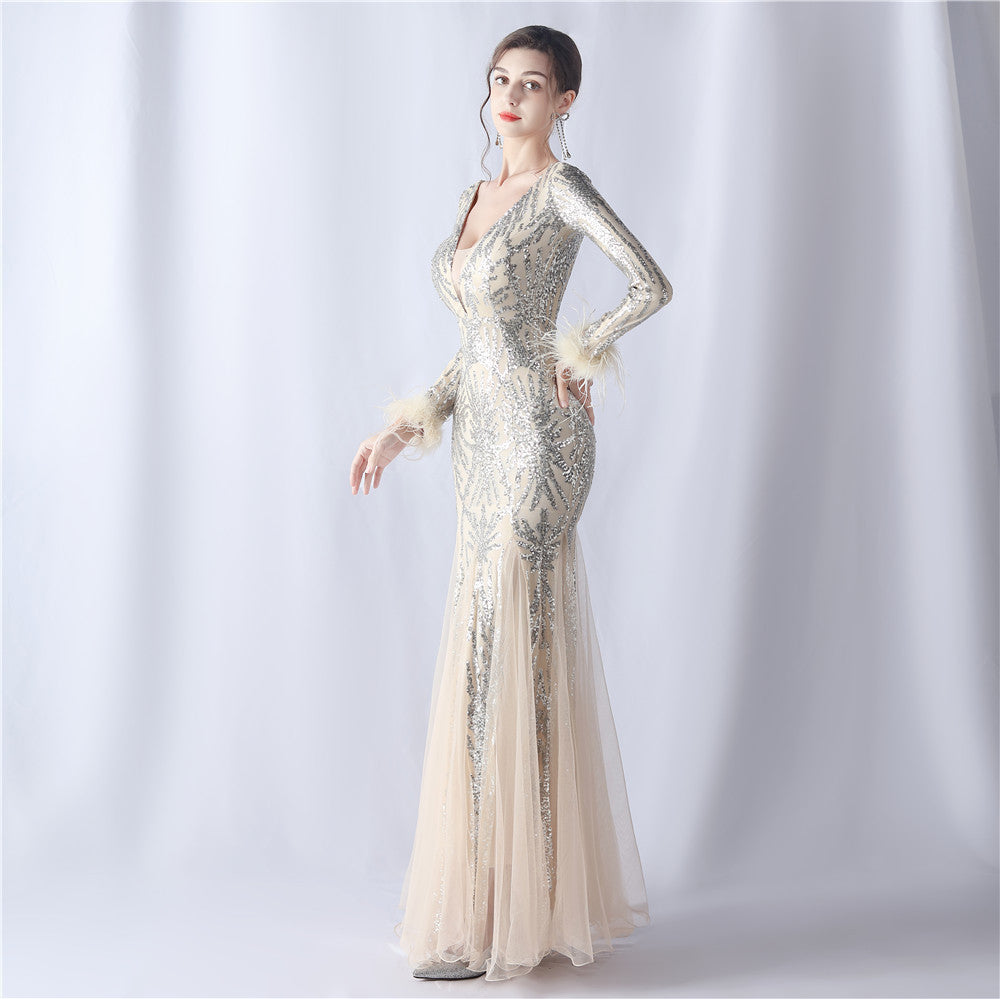 Ostrich Fur Mesh Beaded Formal Dresses