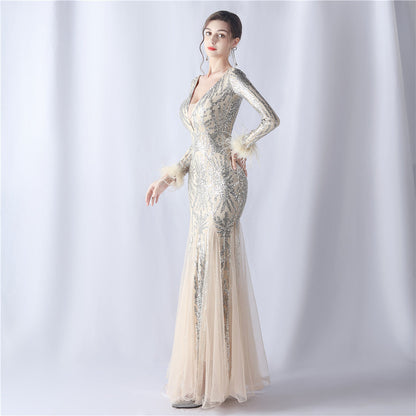 Ostrich Fur Mesh Beaded Formal Dresses