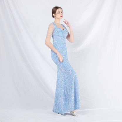 ベルベット裏地ビーズ付きフォーマルドレス