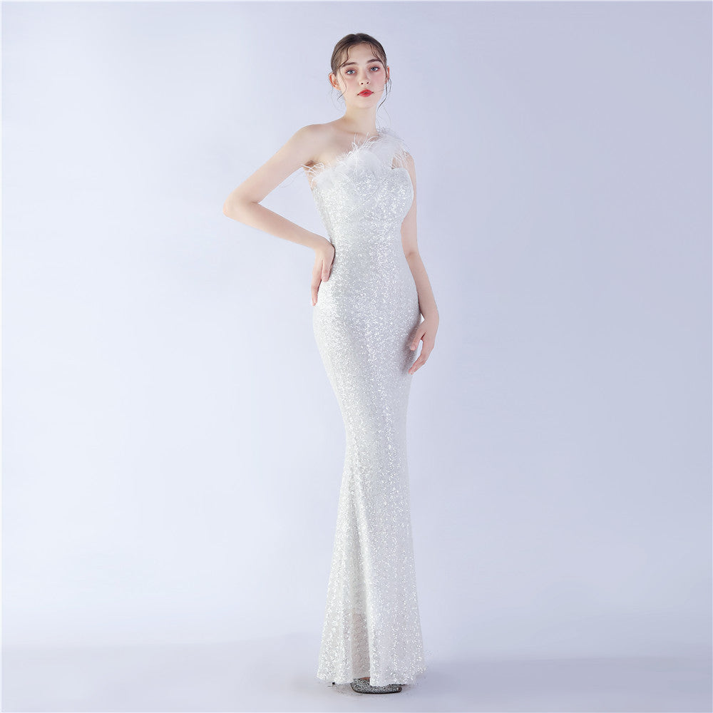 Ostrich Fur One-Shoulder Slant Neck Beaded Maxi Formal Dress