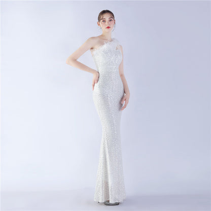 Ostrich Fur One-Shoulder Slant Neck Beaded Maxi Formal Dress