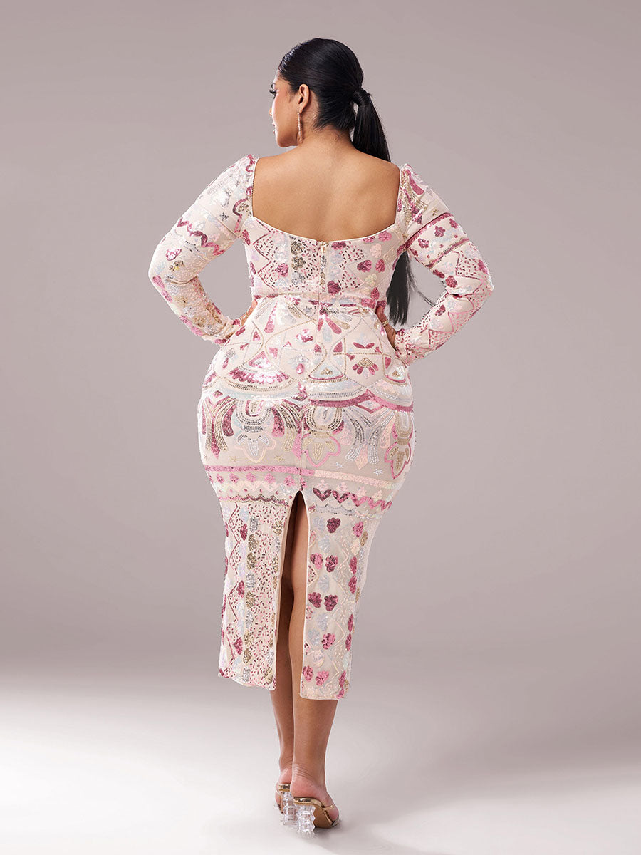 Square Neck Long Sleeve Split Sequin Dress