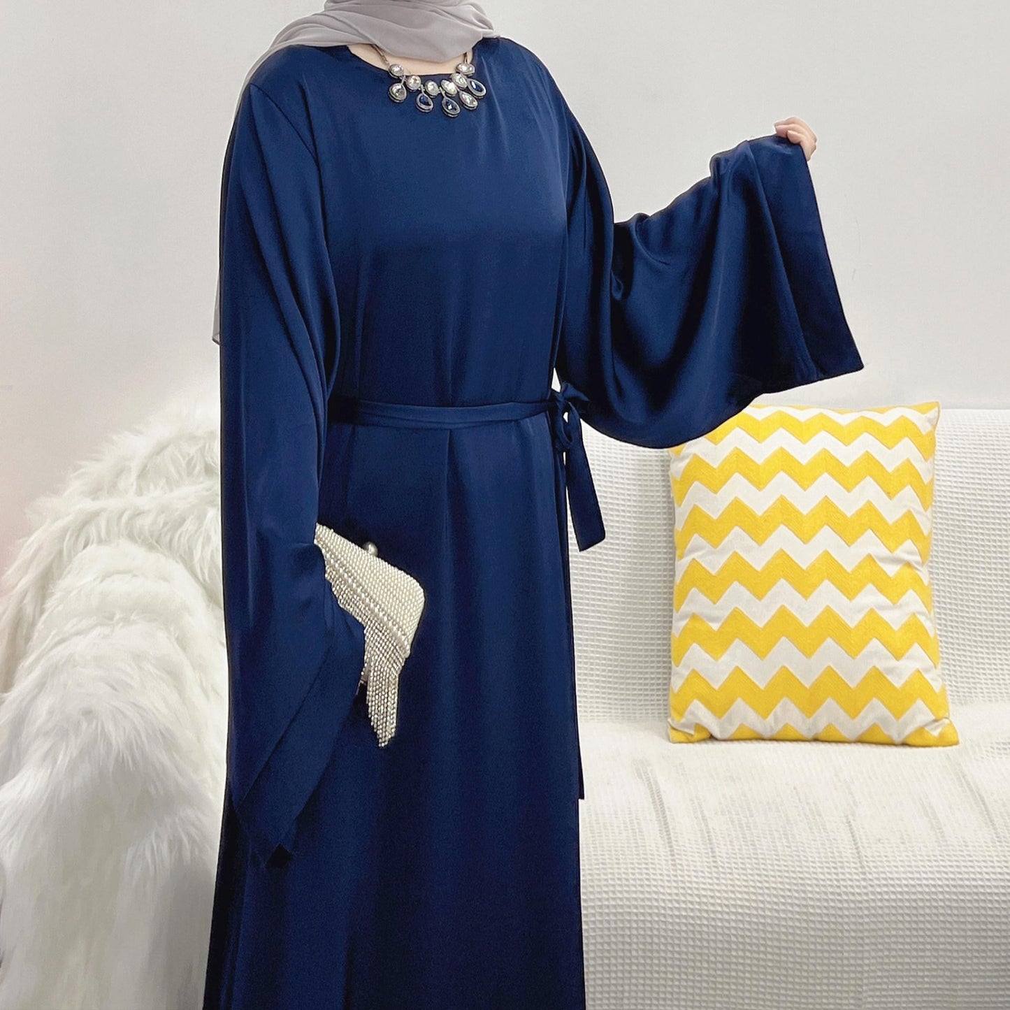 Satin Solid Color Abaya with Zip Pockets
