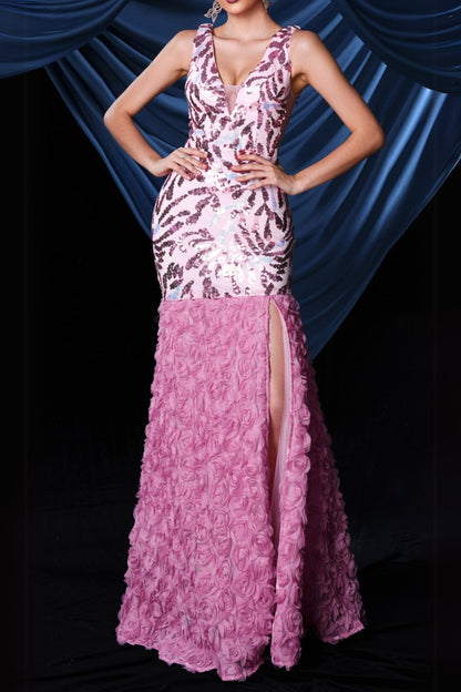 floral sequin split maxi dress in pink