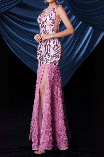 floral sequin split maxi dress in pink