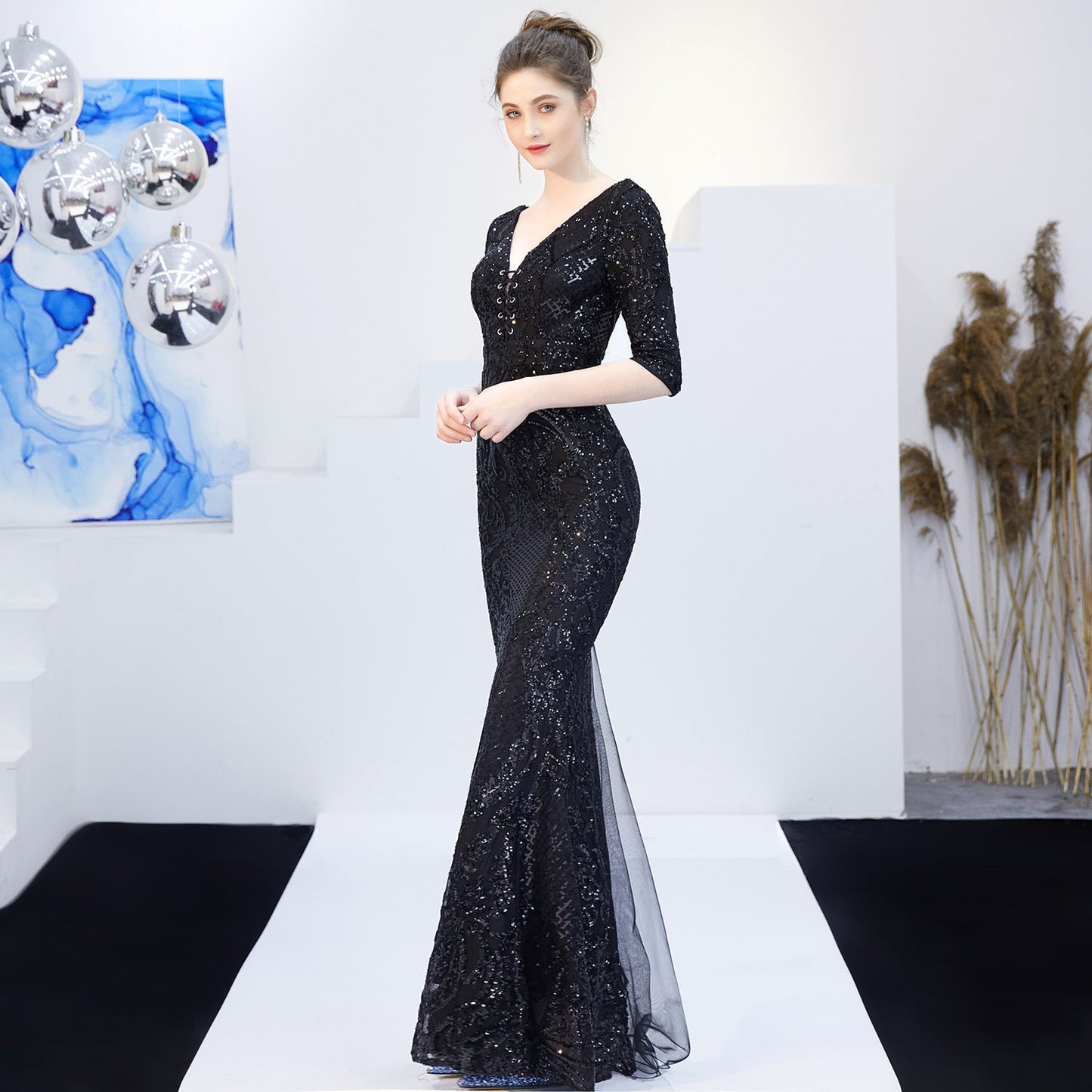 Neck Sequin Formal Dress