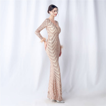 Ostrich Fur Long Sleeve Formal Dress