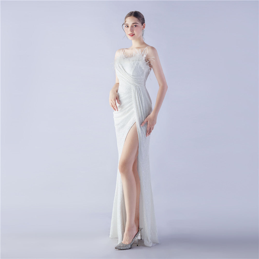 Ostrich Beaded Side Split Formal Dress