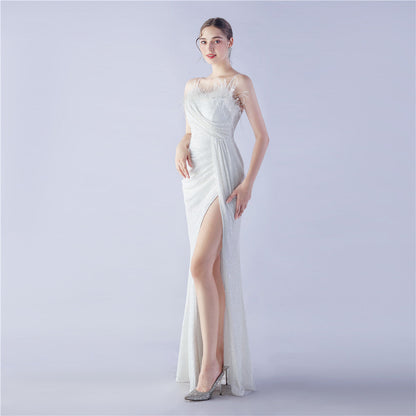 Ostrich Beaded Side Split Formal Dress