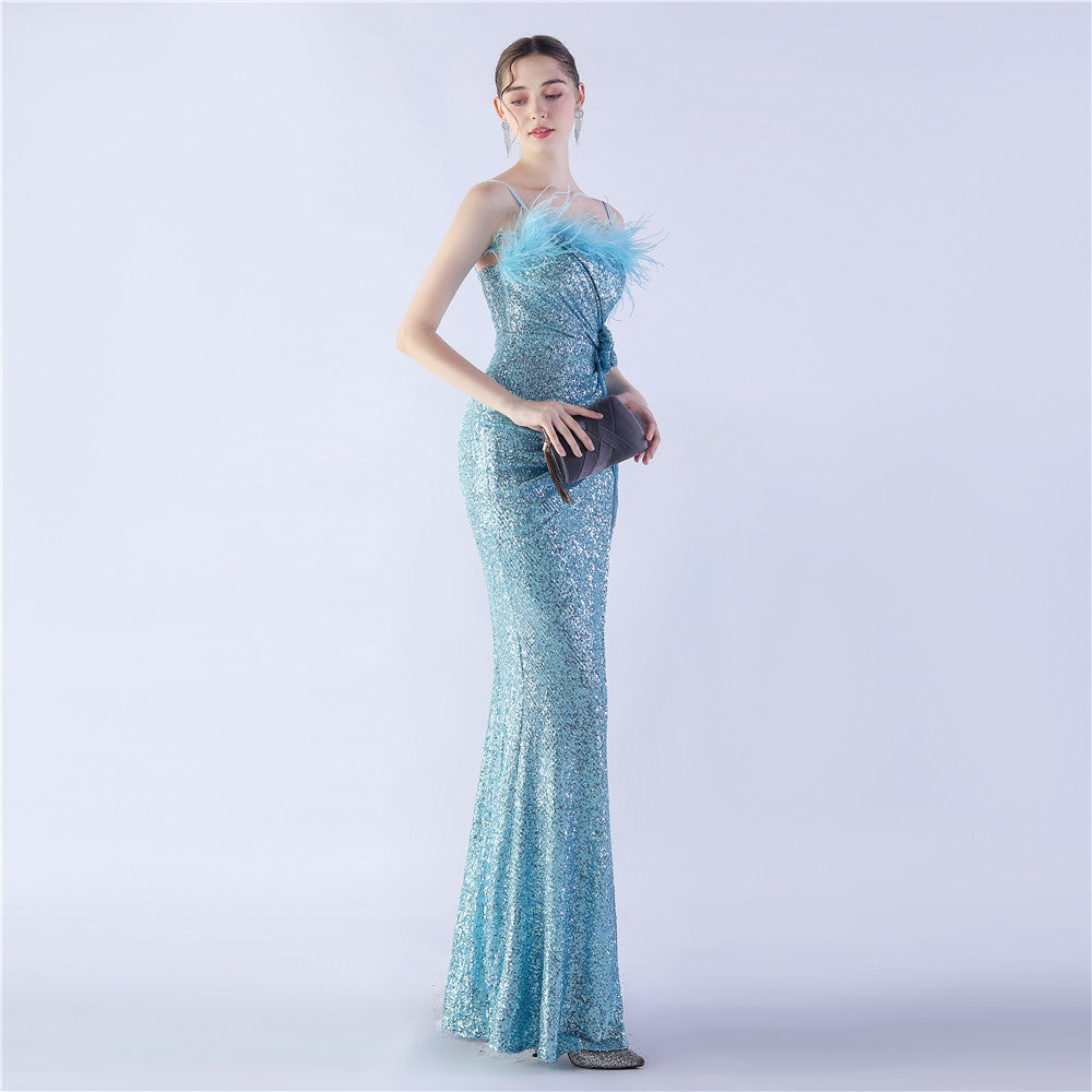 Fur Crafted Flower Formal Dress