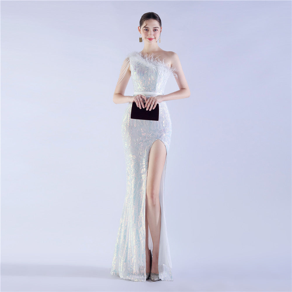Fur Slant Neck One Shoulder Formal Dress