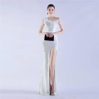Fur Slant Neck One Shoulder Formal Dress