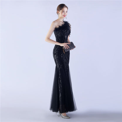 Beaded and Ostrich Fur Sequined Formal Dress