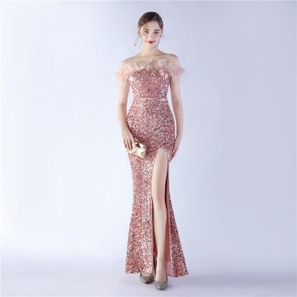 Fur One Shoulder Formal Dress