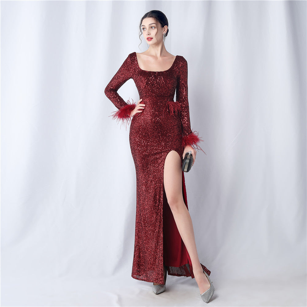 Ostrich Fur Long Sleeve Formal Dress