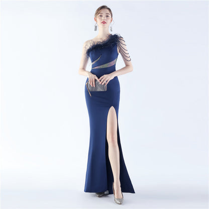 Fur Slant Neck One Shoulder Formal Dress
