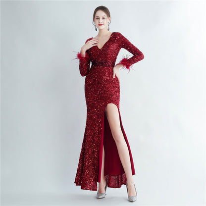 Split Long Sleeve Sequin Formal Dress