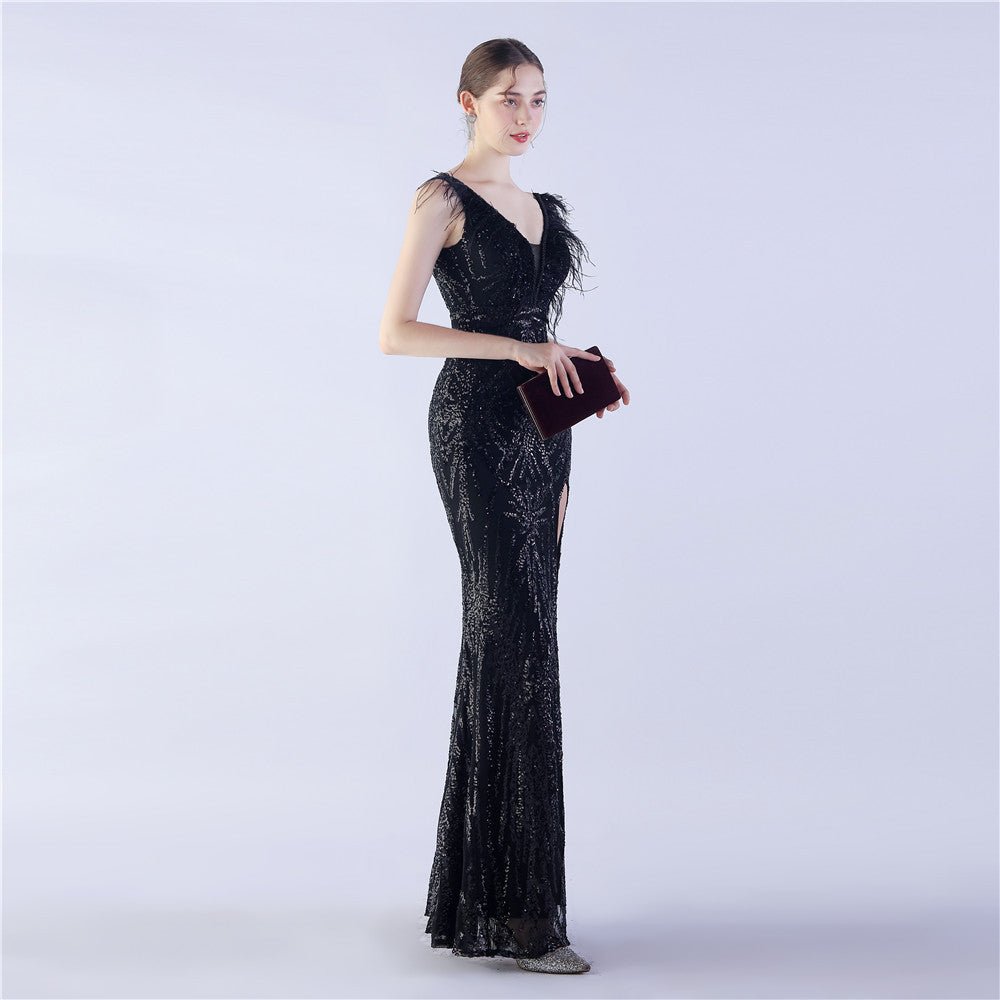 Camel Hair Side Split Formal Dress