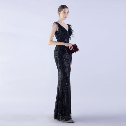 Camel Hair Side Split Formal Dress