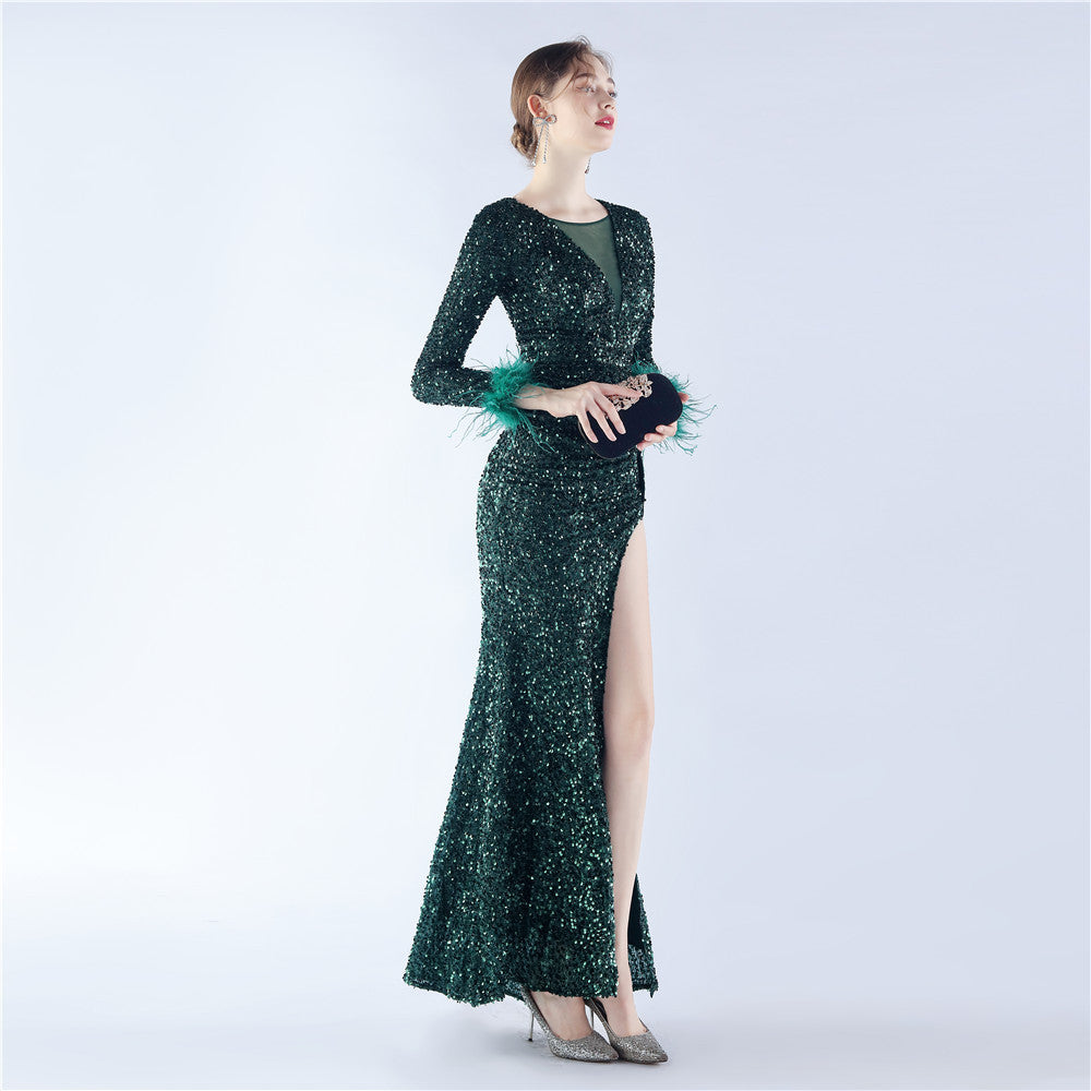 Ostrich Fur Long Sleeve Formal Dress