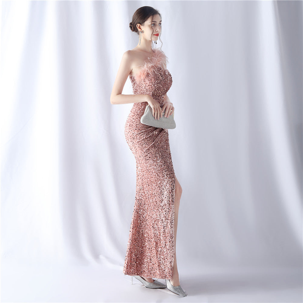 Ostrich Velvet Bottom One Shoulder Formal Dress