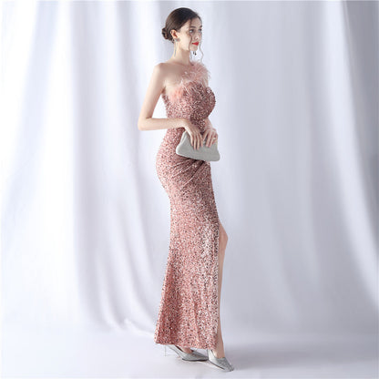 Ostrich Velvet Bottom One Shoulder Formal Dress