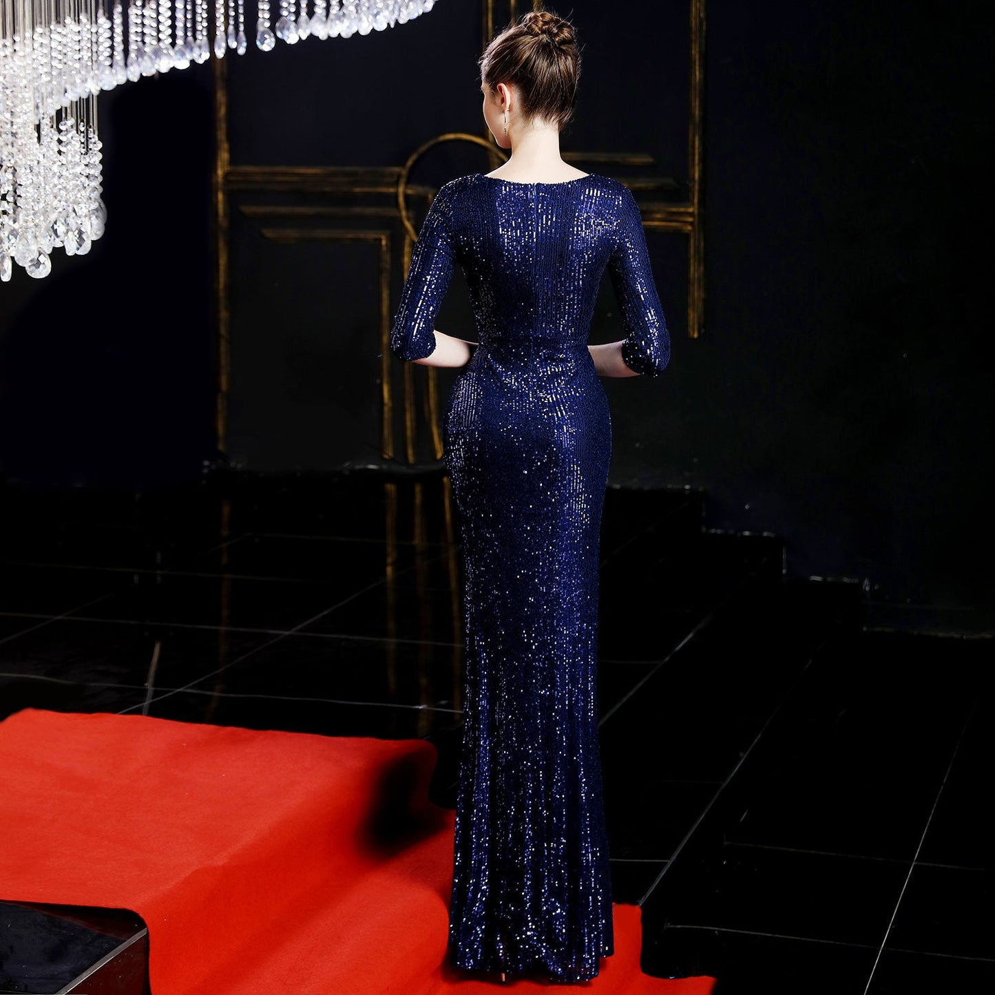 Long Sleeve Sequin Fishtail Formal Dress