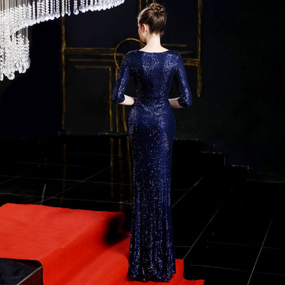 Long Sleeve Sequin Fishtail Formal Dress