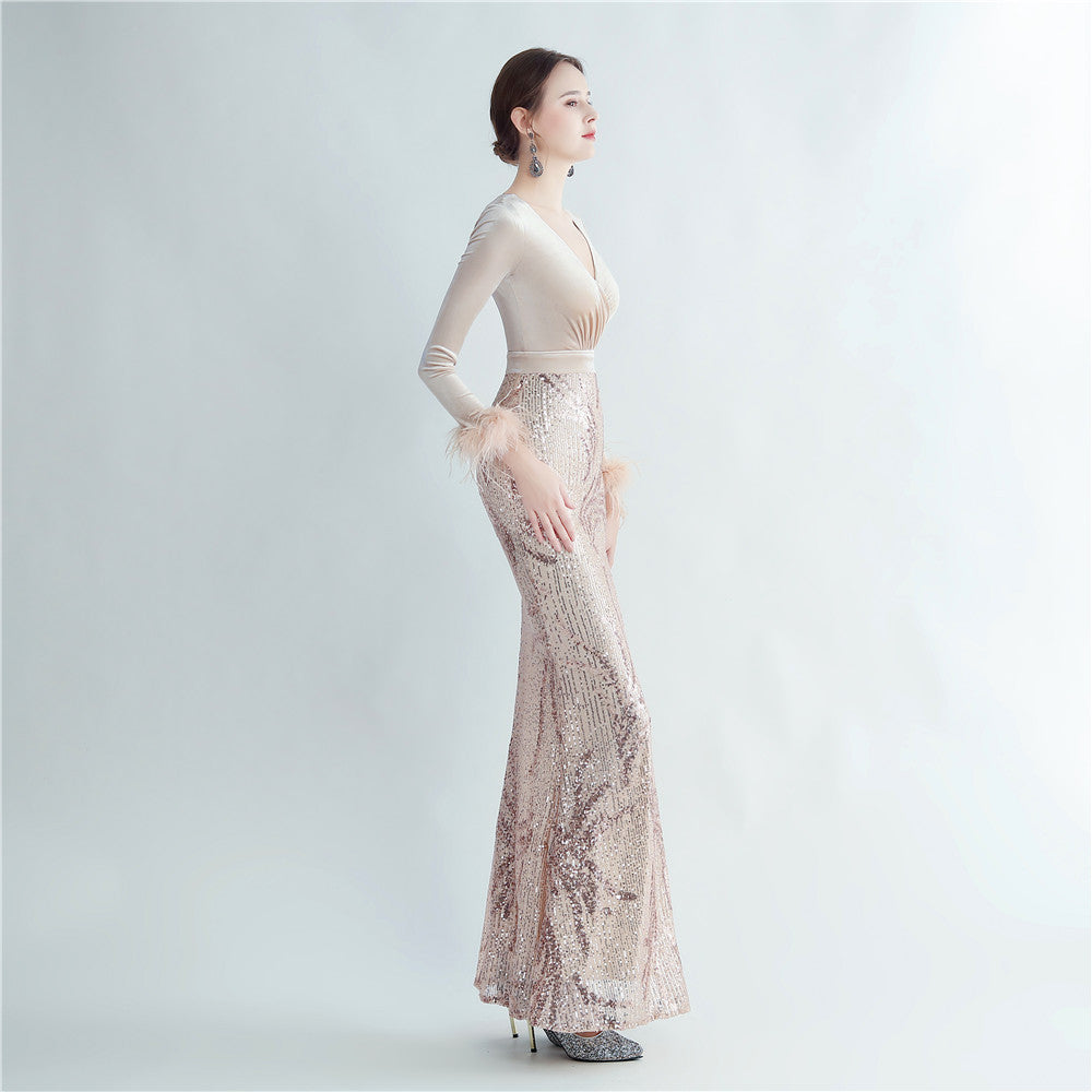 Ostrich Beaded Velvet Side Split Formal Dress