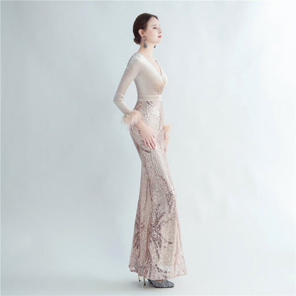 Ostrich Beaded Velvet Side Split Formal Dress