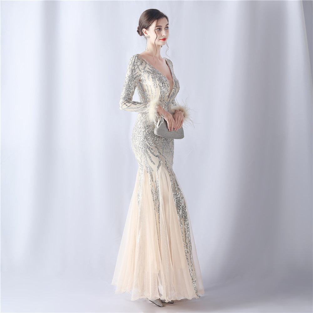 Ostrich Fur Mesh Beaded Formal Dresses