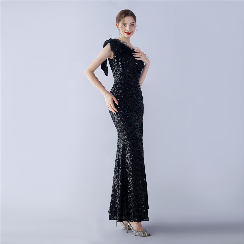 Fur Sequin One Shoulder Formal Dress