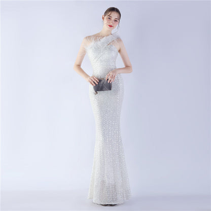 Ostrich Fur One-Shoulder Slant Neck Beaded Maxi Formal Dress