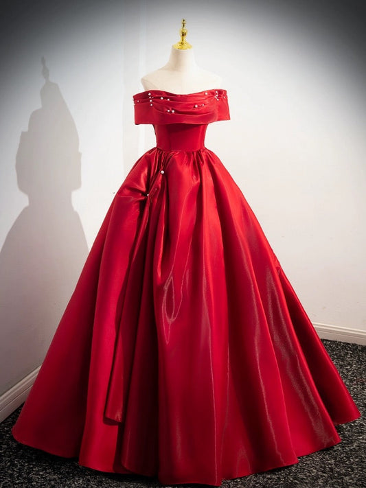 A-Line Off Shoulder Satin Red  Dress