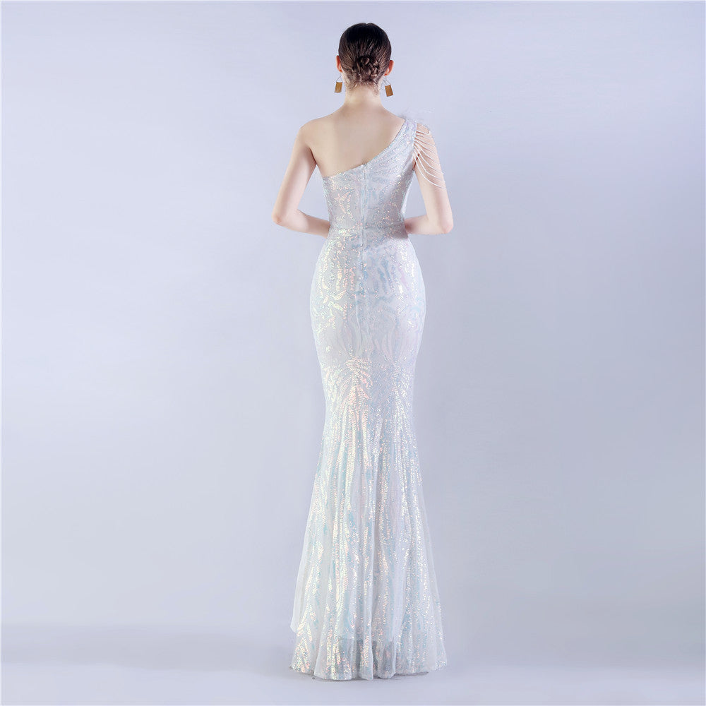 Fur Slant Neck One Shoulder Formal Dress